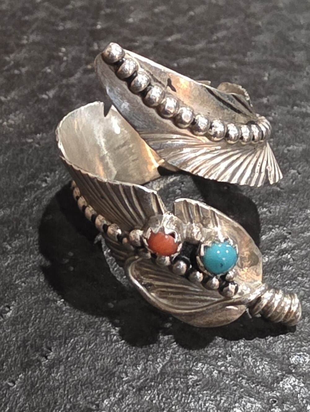 Sterling Silver Leaf Wrap Ring with Turquoise and Coral Accents, NA, Signed.